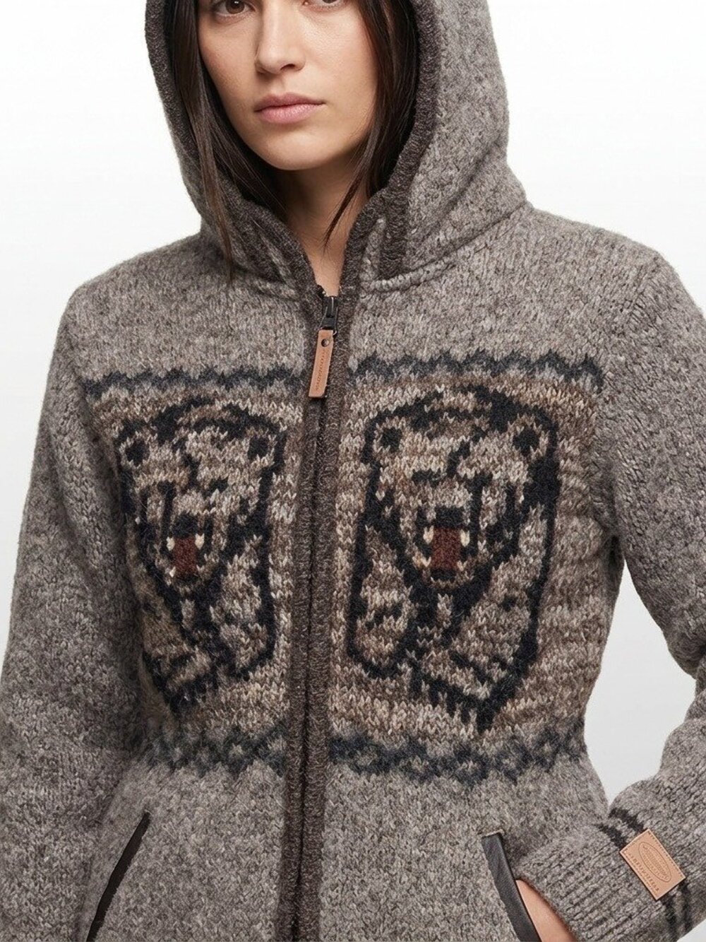 Kyber Outerwear Wool Hooded Sweater Jacket Bear Intarsia Gray Tan M Cabin Boho